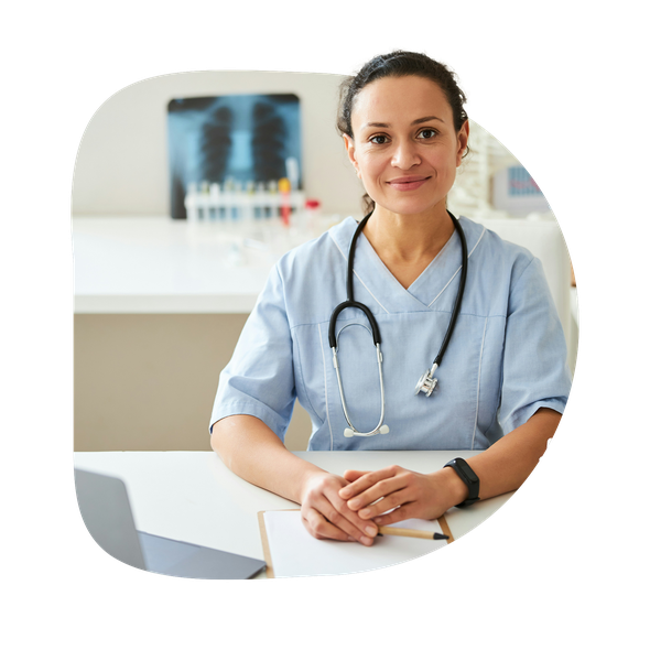 A nurse taking a call, framed within a D