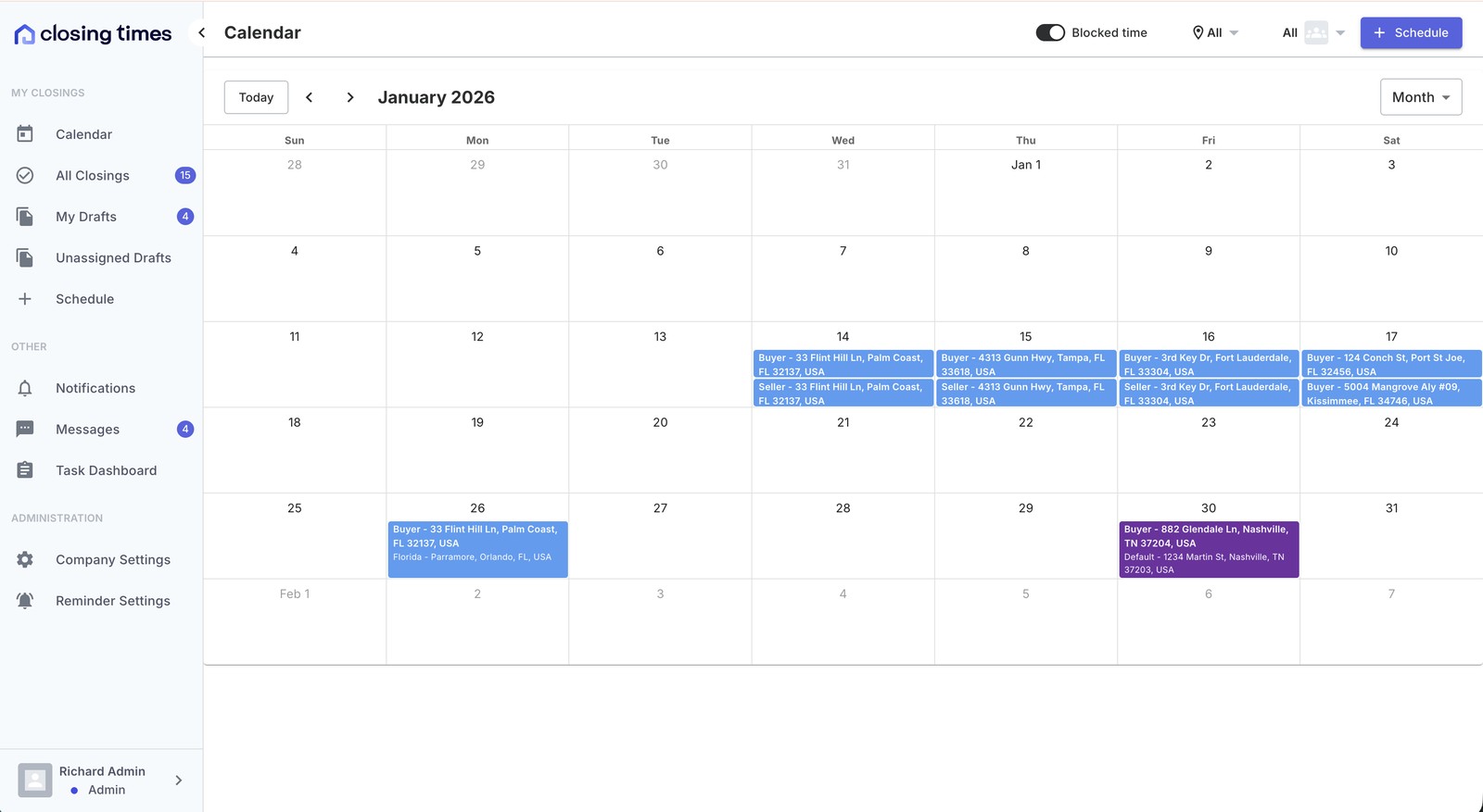 The Closing Times calendar showing a month of scheduled closings by location