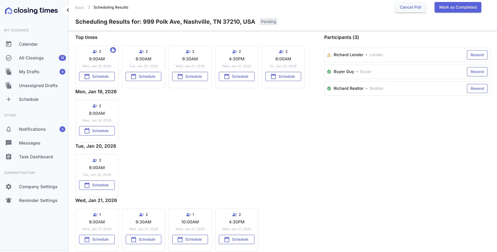 Scheduling poll results ranking the top closing times by how many participants are available