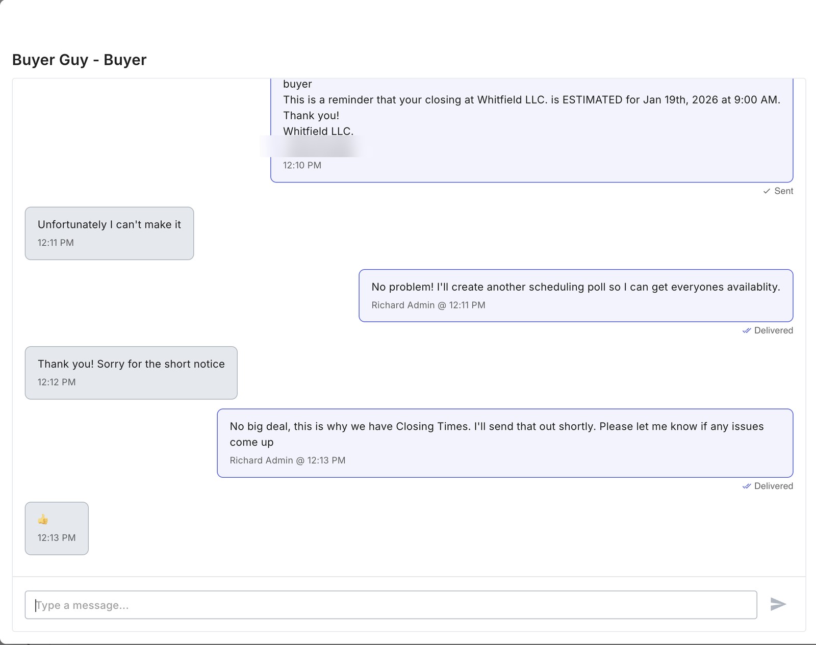 A two-way text message thread between a closer and a buyer inside Closing Times