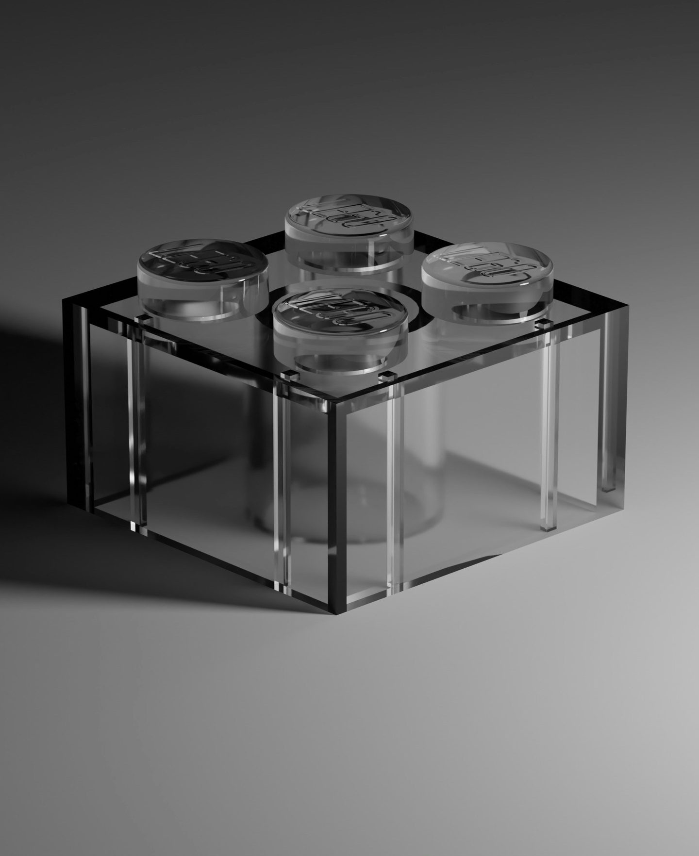 A glass display case holding four sealed specimen jars against a gradient backdrop