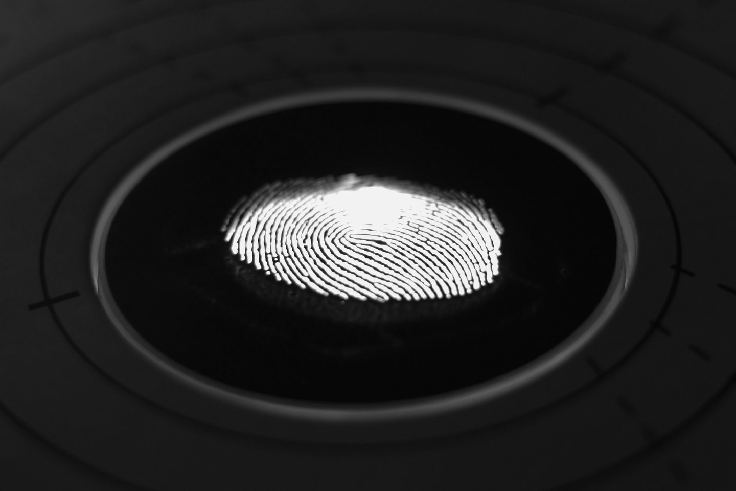 An illuminated fingerprint scan on a dark scanner surface