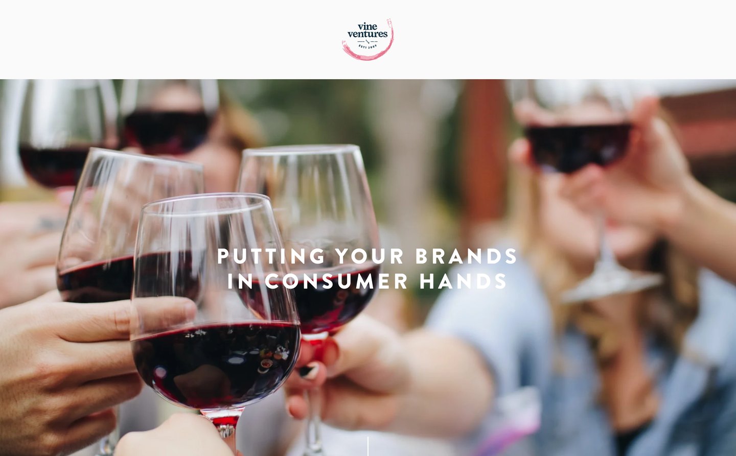 The Vine Ventures site, showing the wordmark above a photograph of people toasting with red wine and the line Putting Your Brands In Consumer Hands.
